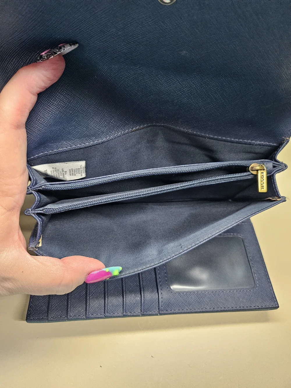 Fossil Tri-Panel Leather Fold Wallet in Navy, Sky & Pale Pink
